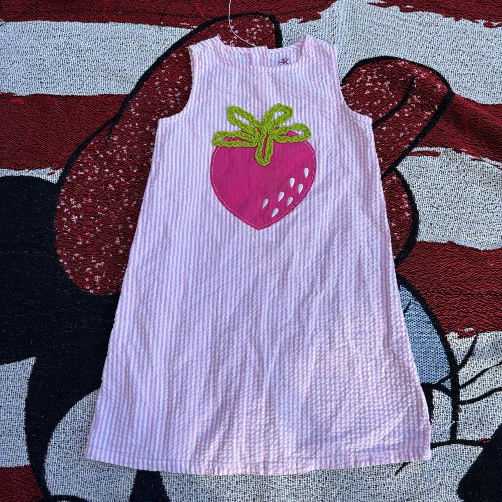 JK GIRLS PINK SEERSUCKER STRAWBERRY ACCENT DRESS GIRLS SIZE 6 100% COTTON